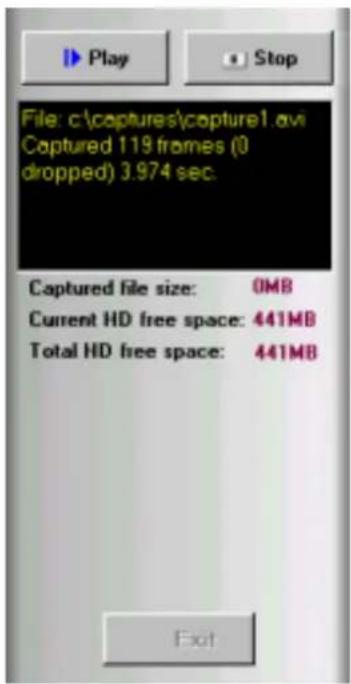 File: c:\captures\capture1.avi Captured 119 frames (0 dropped) 3.974 sec. Captured file size: 0MB Current HD free space: 441MB Total HD free space: 441MB
