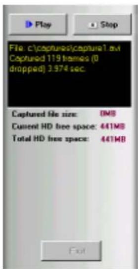 File: c:\captures\capture1.avi Captured 119 frames (0 dropped) 3.974 sec. Captured file size: 0MB Current HD free space: 441MB Total HD free space: 441MB
