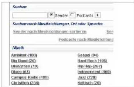 Suchen Sender Podcasts Suchen nach Musikrichtungen, Ort oder Sprache Sender nach Musikrichtungen sortieren Sen Podcasts nach Musikrichtung Musik Ambient (100) Die Band (20) Bluegrass (19) Blues (63) Campus Radio (489) Christlich (234) Gospel (94) Hard Rock (105) Hip Hop (267) Independent (360) Jazz (228) Keltisch (20)