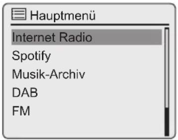 Hauptmenü Internet Radio Spotify Musik-Archiv DAB FM