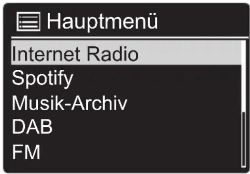 Hauptmenü Internet Radio Spotify Musik-Archiv DAB FM