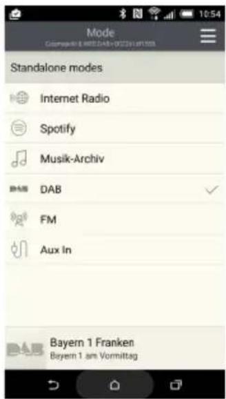 Mode Cassymagris 8.0002.248-0132.51.01.00 Standalone modes Internet Radio Spotify Musik-Archiv DAB FM Aux In Bayern 1 Franken Bayern 1 am Vormittag