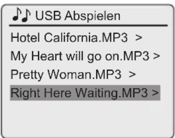 USB Abspielen Hotel California.MP3 > My Heart will go on.MP3 > Pretty Woman.MP3 > Right Here Waiting.MP3 >
