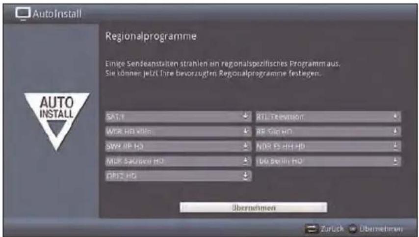 AutoInstall Regionalprogramme Einge Sendeanstalten strahlen ein regionalspezifisches Programm aus. Sie können jetzt ihre bevorzugten Regionalprogramme festlegen. SAT 1 RTL Television WOR HD RR-SiC HD SWR IP HD NOR FS HH HD MOR SKOWEN HD DB-SEIN HD DRZ HD Übernehmen Zurück Übernehmen