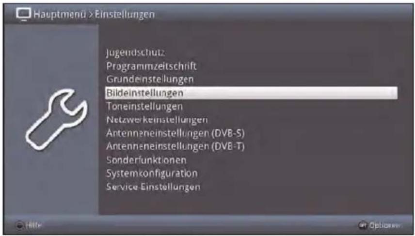 Hauptmenü >Einstellungen Jugendschutz: Programmzeitschrift Grundeinstellungen Bildeinstellungen Toneinstellungen Netzwerkeinstellungen Antenneneinstellungen (DVB-S) Antenneneinstellungen (DVB-T) Sonderfunktionen Systemkonfiguration Service-Einstellungen