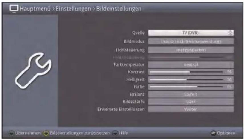 Hauptmenü >Einstellungen >Bildeinstellungen Quelle TV (PVB) Bildmodus Konzernich (Heimtenwendung) Lichtsteuerung metrisparaten Fahr deschwerms Farbemperatur neutral Kontrast 54 Helligkeit 51 Farbe 63 Brillanz Stage 1 Bildscharfe Start Erweite Einstellungen Welter Übernehmen Bildeinstellungen zurücksetzen Hille Optigenen