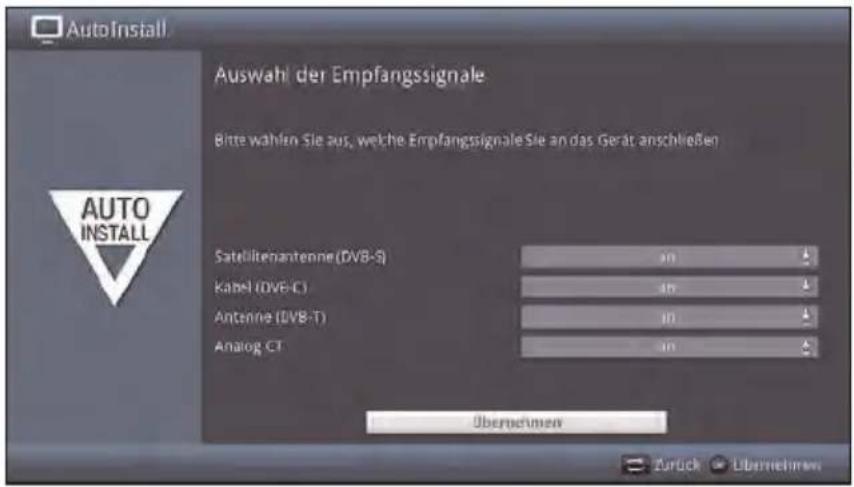 AutoInstall Auswahl der Empfangssignale Bitte wählen Sie aus, welche Empfangssignale Sie an das Gerät anschließen Satellitenantenne (DVB-S) 40 Kabel (DVB-C) 40 Antenna (DVB-T) 40 Analog CT 40 Übernehmen Zurück Übernehmen