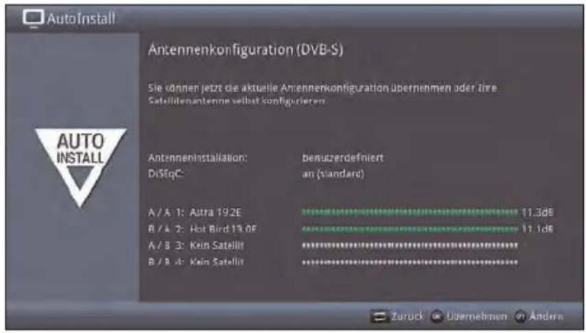 AutoInstall Antennenkonfiguration (DVB-S) Sie können jetzt die aktuelle Antennenkonfiguration übernehmen oder ihre Satelltenanterne selbst konfigurieren. Antenneninstallation: DiSeqC: benutzerdefniert an (standard) A / A 1: Astra 192E 11.3dE B / A 2: Hot Bird 19.0F 11.1dE A / B 3: Kein Satellit Radial B / B 4: Kein Satellit Zurück Übernehmen Ändera