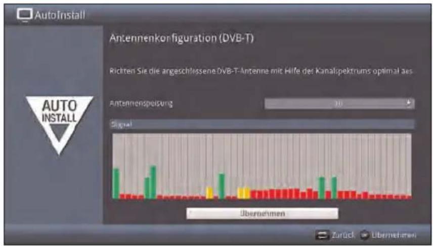 AutoInstall Antennenkonfiguration (DVB-T) Richten Sie die angeschlessene DVB-T-Antenne mit Hilfe des Kanalspektrums optimal aus Antennenspeisung 30 Signal Übernehmen Zurück Übernehmen