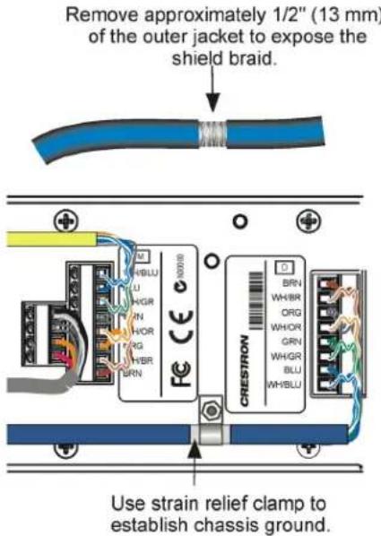 Remove approximately 1/2" (13 mm) of the outer jacket to expose the shield braid. Use strain relief clamp to establish chassis ground.
