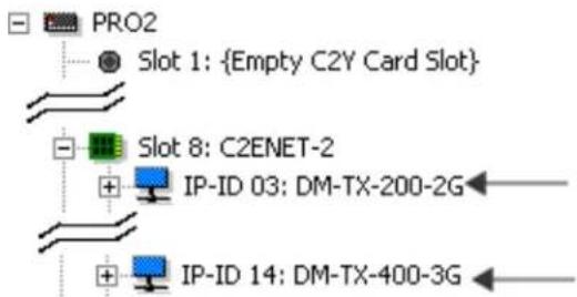 PRO2 Slot 1: {Empty C2Y Card Slot} Slot 8: C2ENET-2 IP-ID 03: DM-TX-200-2G IP-ID 14: DM-TX-400-3G