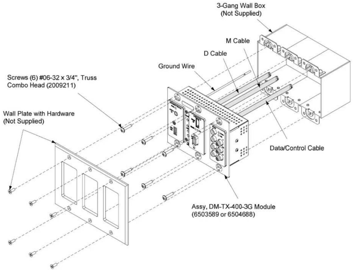 3-Gang Wall Box (Not Supplied) M Cable D Cable Ground Wire Screws (6) #06-32 x 3/4", Truss Combo Head (2009211) Wall Plate with Hardware (Not Supplied) Data/Control Cable Assy, DM-TX-400-3G Module (6503589 or 6504688)