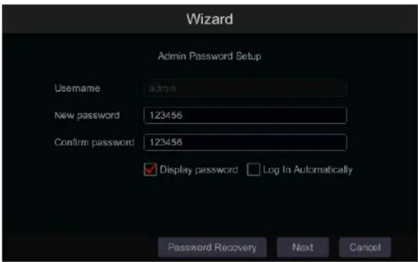 Wizard Admin Password Setup Username admin New password 123456 Confirm password 123456 ✓ Display password □ Log In Automatically Password Recovery Next Cancel
