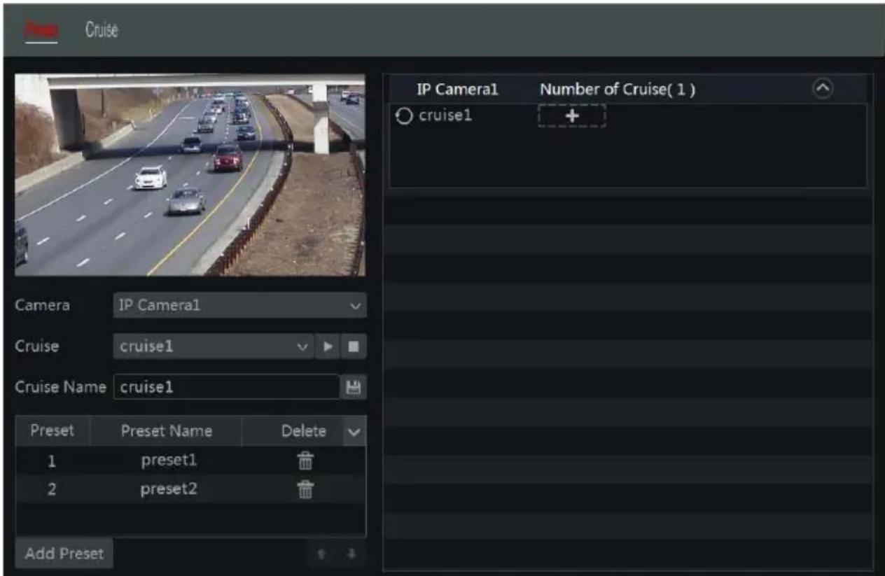 Cruise Camera IP Camera1 Cruise cruise1 Cruise Name cruise1 Preset Preset Name Delete 1 preset1 2 preset2 Add Preset IP Camera1 Number of Cruise( 1 ) cruise1