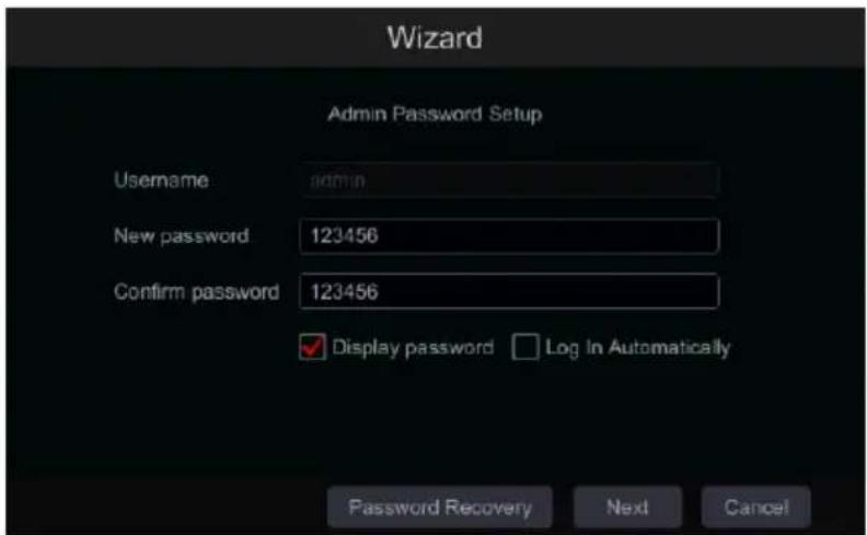 Wizard Admin Password Setup Username admin New password 123456 Confirm password 123456 ✓ Display password □ Log In Automatically Password Recovery Next Cancel