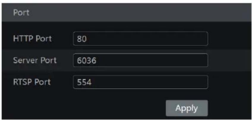 Port HTTP Port 80 Server Port 6036 RTSP Port 554 Apply