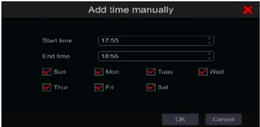 Add time manually Start time 17:55 End time 18:55 Sun Mon Tues Wed Thur Fri Sat OK Cancel