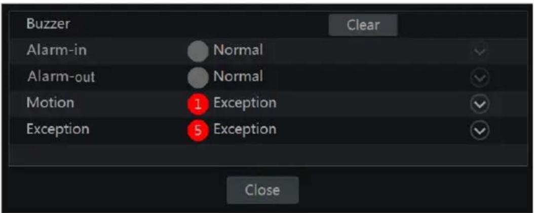 Buzzer Clear Alarm-in Normal Alarm-out Normal Motion 1 Exception Exception 5 Exception Close