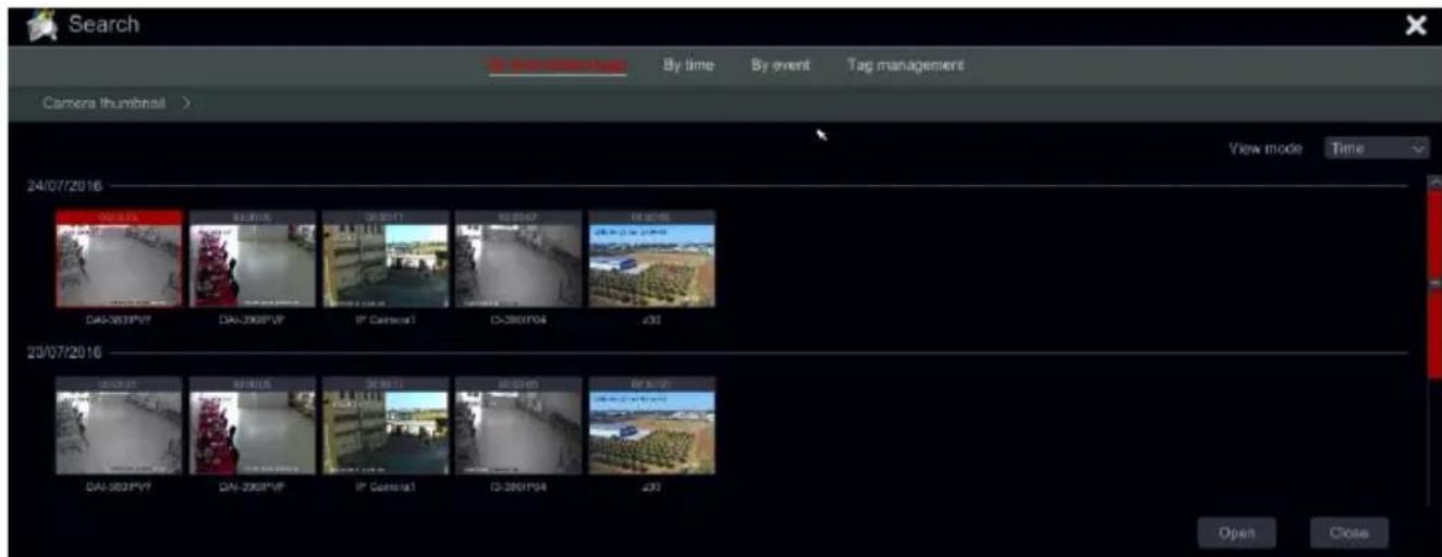 Search By time By event Tag management Camera thumbnail > View mode Time 24/07/2016 DAI-383PVP DAI-396PVP IP Camera1 D-3801F04 230 23/07/2016 DAI-383PVP DAI-396PVP IP Camera1 D-3801F04 230 Open Close