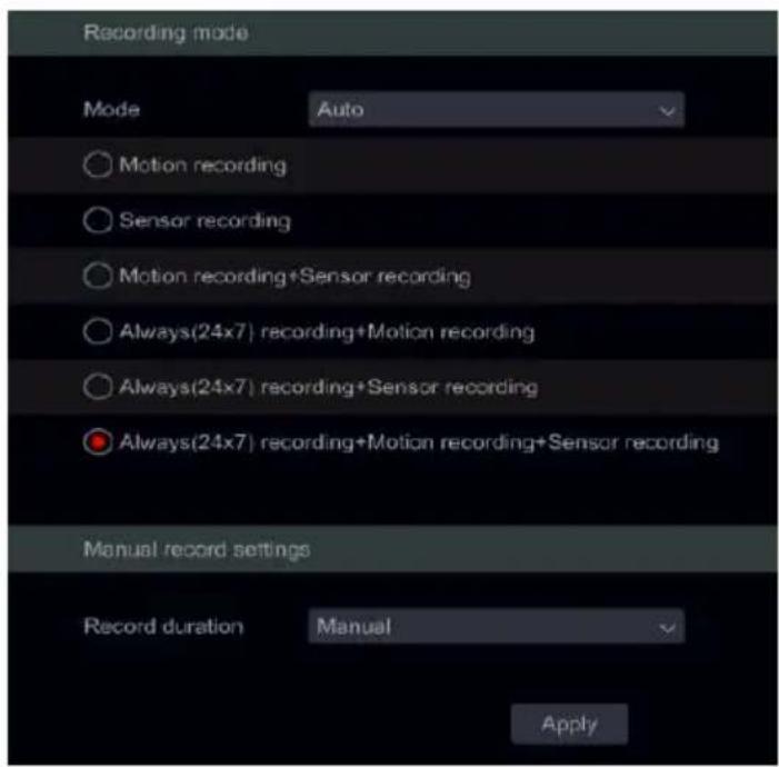 Recording mode Mode Auto Motion recording Sensor recording Motion recording+Sensor recording Always(24x7) recording+Motion recording Always(24x7) recording+Sensor recording Always(24x7) recording+Motion recording+Sensor recording Manual record settings Record duration Manual Apply