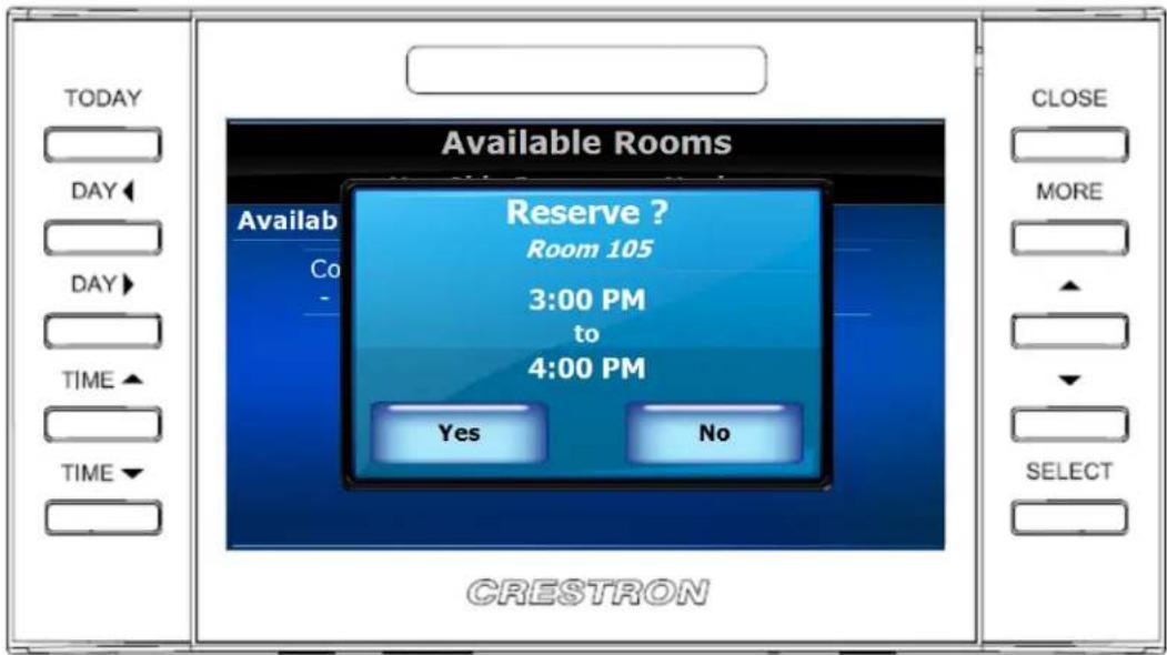 TODAY DAY DAY TIME TIME Available Rooms Available Co Reserve ? Room 105 3:00 PM to 4:00 PM Yes No CLOSE MORE SELECT CRESTRON