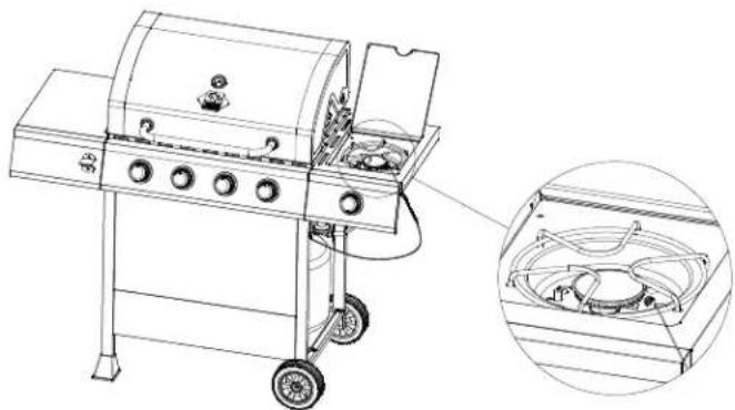 Line drawing of a portable grill with wheels and a close-up inset showing internal components (no text or symbols)