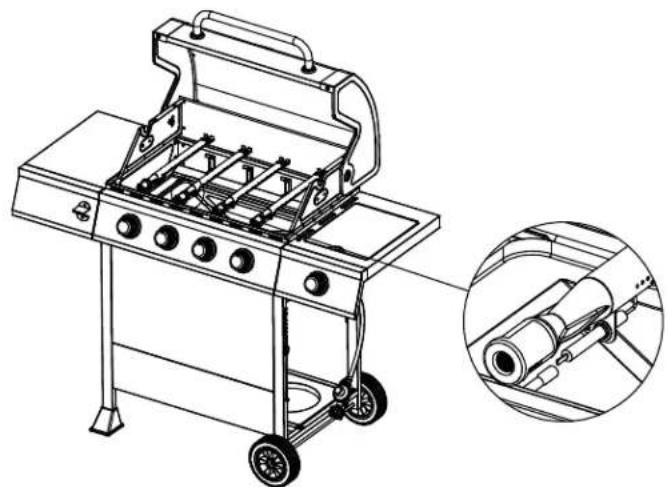 Line drawing of a 3D grill with wheels and internal components, shown with an inset close-up of the exterior panel (no text or symbols)