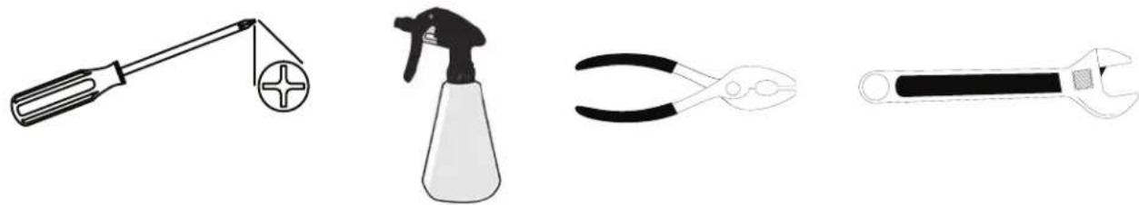 Four different tools and fixtures: a wrench, a spray gun, a tool with a plus symbol, and a tool with a handle (no text or labels present)
