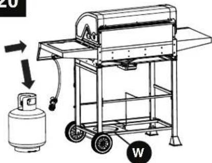 Diagram of a portable gas stove with labeled components and directional arrows indicating flow or movement.