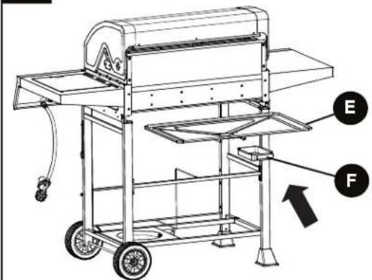 Technical diagram of a portable electric grill with labeled parts E and F, showing internal components and mounting base.