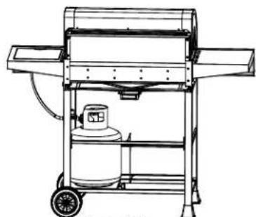 Line drawing of a portable stove or grill with wheels and a central fan (no text or symbols)