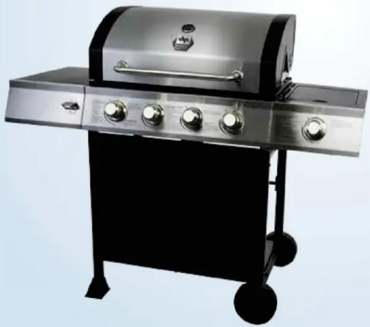 Exterior view of a modern black and silver outdoor grill with five control knobs (no visible text or symbols)