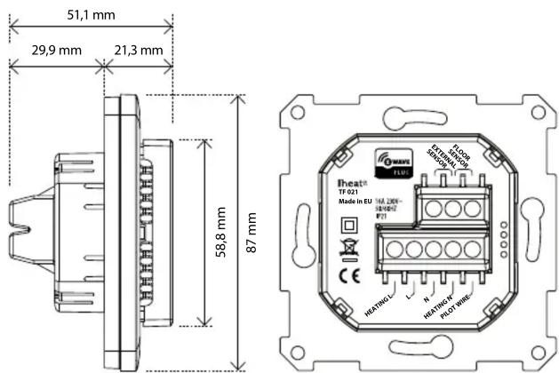 51,1 mm 29,9 mm 21,3 mm 58,8 mm 87 mm HEAT# TF021 Made in EU 16A,20V- 581002 P21 HEATING-1 HEATING-4 PROT WIRE