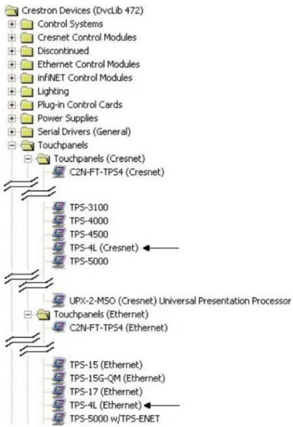 Crestron TPS-4L - Locating the TPS-4L in the Device Library - 1
