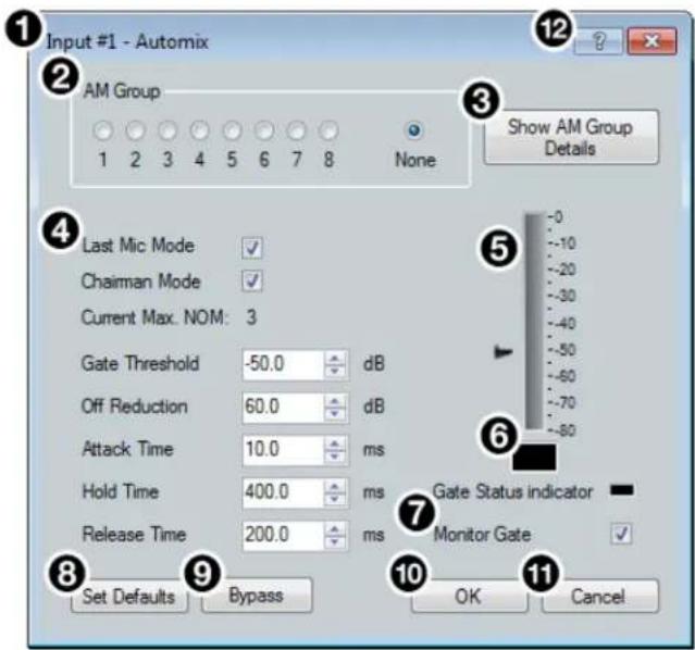 Input #1 - Automix AM Group 1 2 3 4 5 6 7 8 None Show AM Group Details Last Mic Mode ✓ Chairman Mode ✓ Current Max. NOM: 3 Gate Threshold -50.0 dB Off Reduction 60.0 dB Attack Time 10.0 ms Hold Time 400.0 ms Gate Status indicator Release Time 200.0 ms Monitor Gate ✓ Set Defaults Bypass OK Cancel