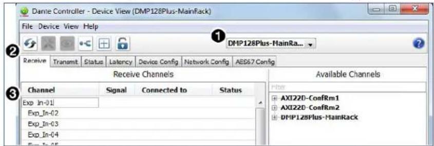 Danie Controller - Device View (DMP128Plus-MainRack) File Device View Help DMP128Plus-MainRa... Receive Transmit Status Latency Device Config Network Config AES67 Config Receive Channels Channel Signal Connected to Status Exp_In-01 Exp_In-02 Exp_In-03 Exp_In-04 Available Channels Filter AXI22D-ConfRm1 AXI22D-ConfRm2 DMP128Plus-MainRack