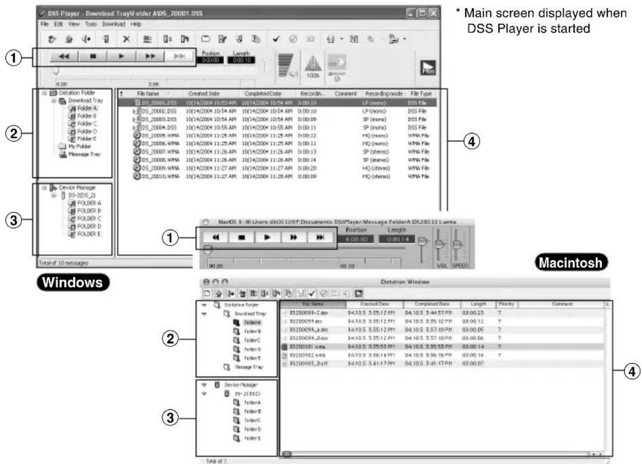 DSS Player - Download Tray/Folder ADS_20001.DSS File Edit View Tools Download Help Position Length 0:00:00 0:00:10 102% 0.00 0.05 ① ② ③ ④ ① ② ③ ④ Macintosh Windows Distortion Window ① ② ③ ④ * Main screen displayed when DSS Player is started File Name Created Date Completed Date Recordn... Comment Recording mode File Type DS_20001.DSS 10/14/2004 10:53 AM 10/14/2004 10:54 AM 0:00:10 LP (msrs) DSS File 6 DS_20002.DSS 10/14/2004 10:54 AM 10/14/2004 10:54 AM 0:00:10 LP (msrs) DSS File 6 DS_20003.DSS 10/14/2004 10:54 AM 10/14/2004 10:54 AM 0:00:09 SP (msrs) DSS File 6 DS_20004.DSS 10/14/2004 10:55 AM 10/14/2004 10:55 AM 0:00:11 SP (msrs) DSS File DS_20005.WMA 10/14/2004 11:25 AM 10/14/2004 11:25 AM 0:00:12 HQ (msrs) WMA File DS_20006.WMA 10/14/2004 11:25 AM 10/14/2004 11:25 AM 0:00:11 HQ (msrs) WMA File DS_20007.WMA 10/14/2004 11:26 AM 10/14/2004 11:26 AM 0:00:13 SP (stereo) WMA File DS_20008.WMA 10/14/2004 11:26 AM 10/14/2004 11:26 AM 0:00:14 SP (stereo) WMA File DS_20009.WMA 10/14/2004 11:27 AM 10/14/2004 11:27 AM 0:00:20 HQ (stereo) WMA File DS_20010.WMA 10/14/2004 11:27 AM 10/14/2004 11:28 AM 0:00:09 HQ (stereo) WMA File Total of 10 messages VOL SPEED