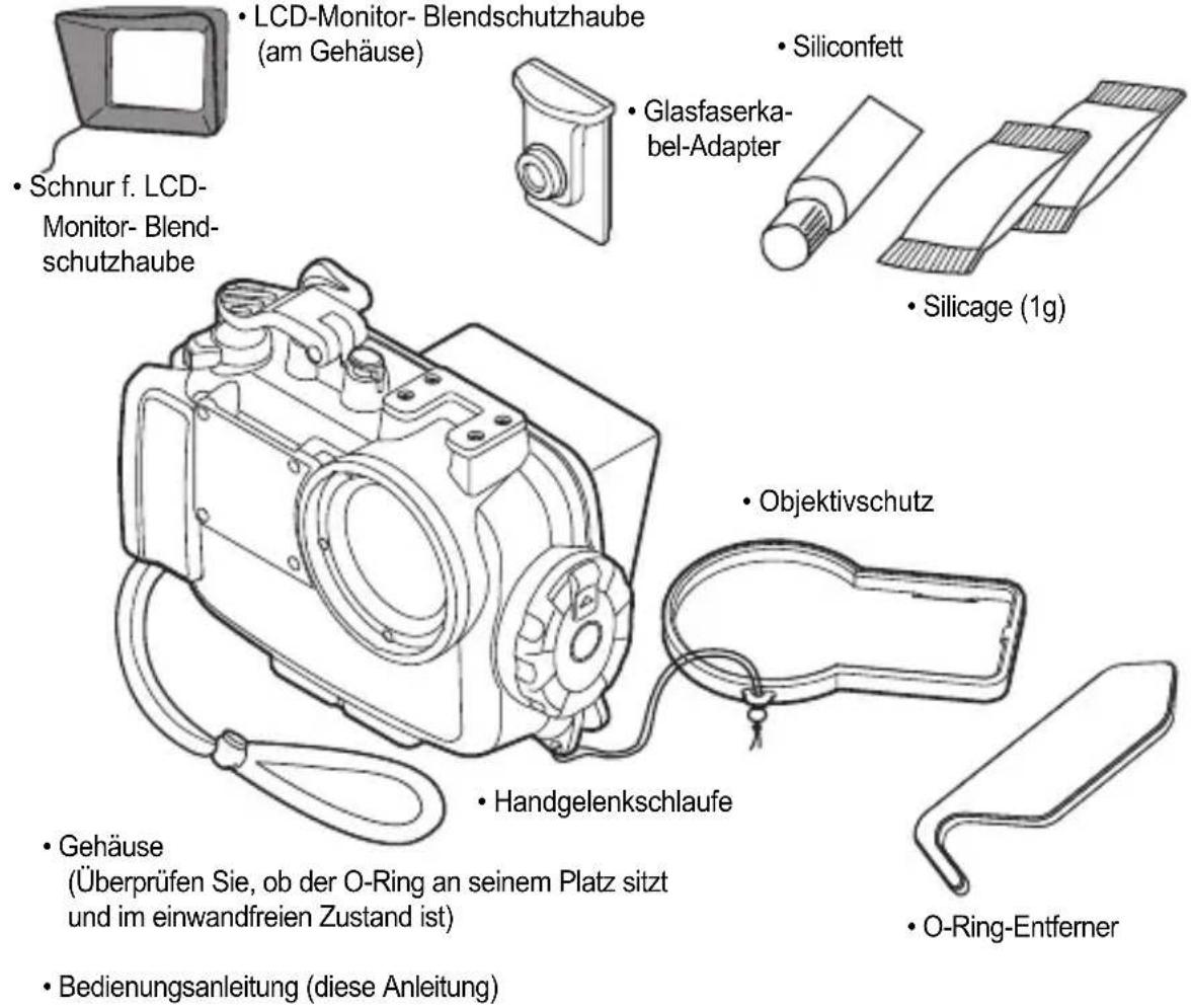 LCD-Monitor- Blendschutzhaube (am Gehäuse) Schnur f. LCD- Monitor- Blend- schutzhaube Glasfaserka- bel-Adapter Siliconfett Silicage (1g) Objektivschutz Handgelenkschlaufe Gehäuse (Überprüfen Sie, ob der O-Ring an seinem Platz sitzt und im einwandfreien Zustand ist) Bedienungsanleitung (diese Anleitung) O-Ring-Entferner
