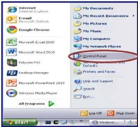 Internet Internet Explorer E-mail Microsoft Outlook Google Chrome Microsoft Excel 2010 Microsoft Word 2010 Polycom PVX Desktop Manager Microsoft PowerPoint 2010 Windows Media Player All Programs My Documents My Recent Documents My Pictures My Music My Computer My Network Places Control Panel Set Programs and Defaults Printers and Faxes Help and Support Search Run... Log Off Shut Down start Windows...