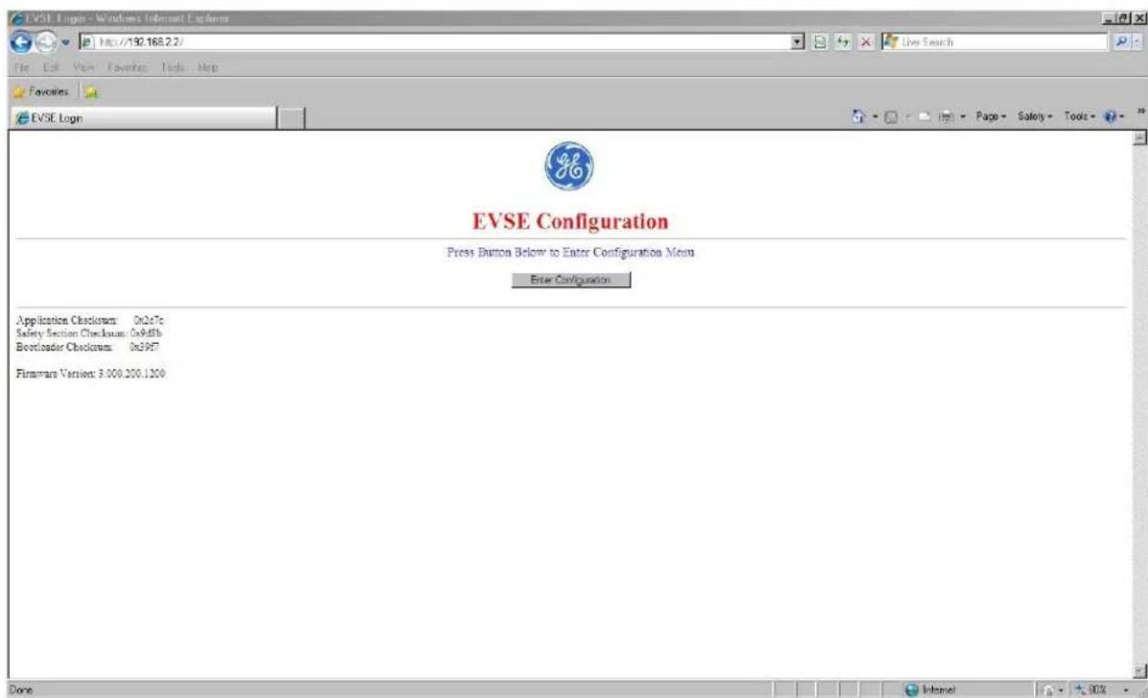 EVSE Login - Windows InTarget Explorer http://192.168.2.2/ F Preferences EVSE Logm EVSE Configuration Press Button Below to Enter Configuration Mem Enter Configuration Application Checksum: On2c7c Safety Section Checksum: On4d5b Bootloader Checksum: On3957 Firmware Version: 3.000.200.1200