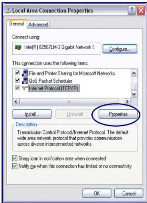 Local Area Connection Properties General Advanced Connect using: Intel(R) 82567LM-3 Gigabit Network C Configure... This connection uses the following items: File and Printer Sharing for Microsoft Networks QoS Packet Scheduler Internet Protocol (TCP/IP) Install... Uninstall Properties Description Transmission Control Protocol/Internet Protocol. The default wide area network protocol that provides communication across diverse interconnected networks. Show icon in notification area when connected Notify me when this connection has limited or no connectivity OK Cancel