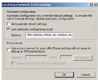 Local Area Network (LAN) Settings Automatic configuration Automatic configuration may override manual settings. To ensure the use of manual settings, disable automatic configuration. Automatically select settings Use automatic configuration script Address: http://geseau.setbac.gc.com/pac.pa Proxy server Use a proxy server for your LAN (These settings will not apply to del-up or VPN connections). Address: Port: Advanced... Oper as our server for local addresses OK Cancel