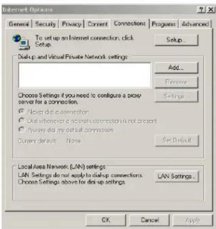 Internet Options General Security Privacy Content Connections Programs Advanced To set up an Internet connection, click Setup Setup and Virtual Private Network settings Add... Remove Settings Choose Settings if you need to configure a proxy server for a connection. Never data connector Dial whenever a network connection is not present Always did any default connection Current defaults: Now Set Default Local Area Network (LAN) settings: LAN Settings do not apply to dial-up connections. LAN Settings... Choose Settings above for dial-up settings OK Cancel Apply