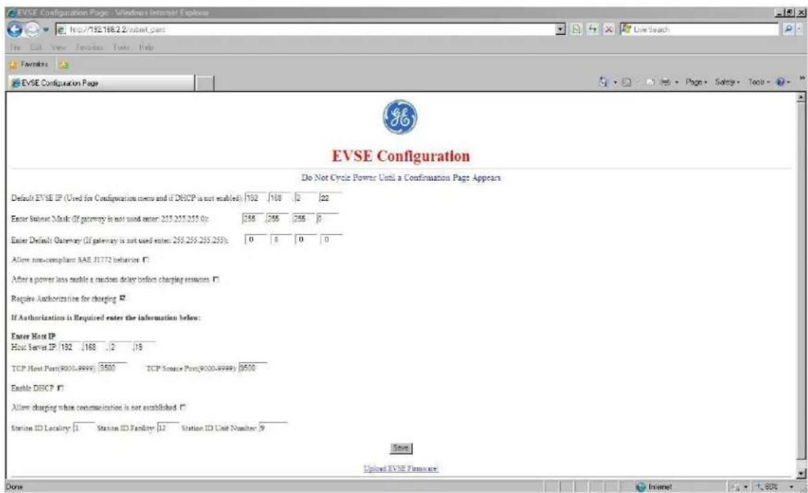 EVSE Configuration Page - Windows Internet Explorer http://192.168.2/submit/trans File Edit View Favorites Tools Help Favorable EVSE Configuration Page EVSE Configuration Do Not Cycle Power Until a Confirmation Page Appears Default EVSE IP (Used for Configuration thru and if DHCP is not enabled) 192 168 2 22 Enter Subnet Mask (If gateway is not used enter: 255.255.255.0): 255 255 255 0 Enter Default Gateway (If gateway is not used enter: 255.255.255.255): 0 0 0 0 Allow non-compliant SAE J1772 behavior After a power loss enable a random delay before charging resumes Require Authorization for charging If Authorization is Required enter the information below: Enter Host IP Host Server IP: 192 168 2 19 TCP Host Port(9000-8999) 3500 TCP Source Port(9000-8999) 9500 Enable DHCP Allow charging when communication is not established Station ID Locality: 1 Station ID Facility: 12 Station ID Unit Number: 9 Save Import EVSE Forma Iraq