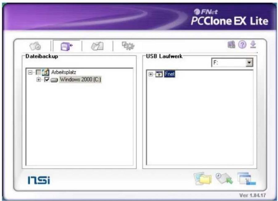FNet PCClone EX Lite Datebackup Arbeitsplatz Windows 2000 (C:) USB Laufwerk F: Fnet Ver 1.84.17