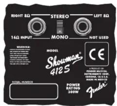 RIGHT 5Q STEREO LEFT 5Q 14Q INPUT MONO NOT USED WARNING: MODEL Showman® 9725 CE POWER RATING DRUM PDADE®