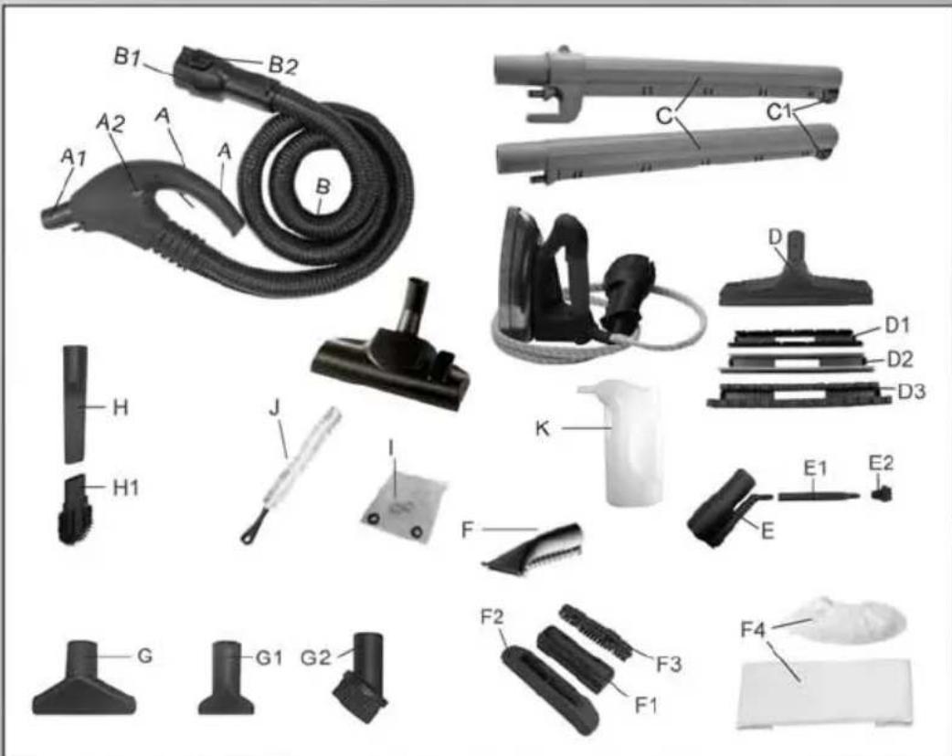 Exploded view diagram of a hair dryer with labeled parts including spray can, clip, and accessories