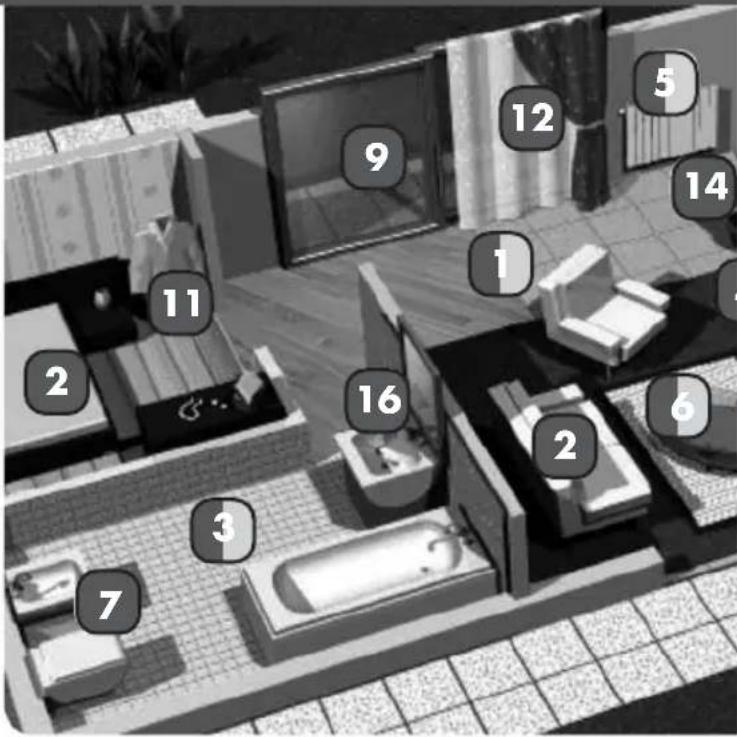 Floor plan diagram with numbered rooms and furniture layout, likely for architectural or recreational purposes.