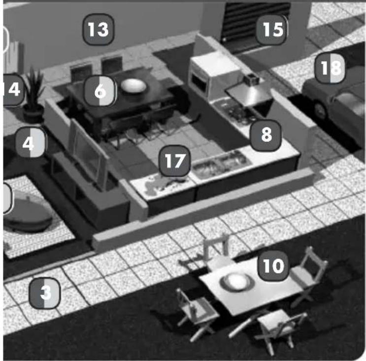 3D architectural floor plan with numbered rooms and furniture layout, likely for architectural or recreational purposes.