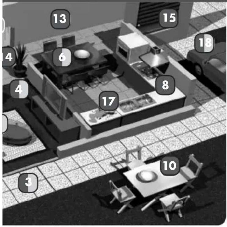 3D architectural floor plan with numbered rooms and furniture layout, likely for architectural or recreational purposes.